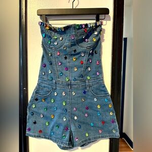 Denim romper with colorful rhinestones